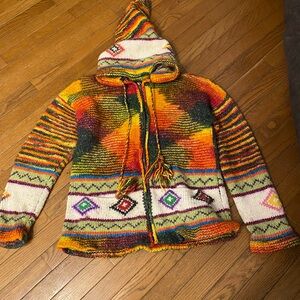 Colorful Handwoven Hooded Zip Sweater Jacket